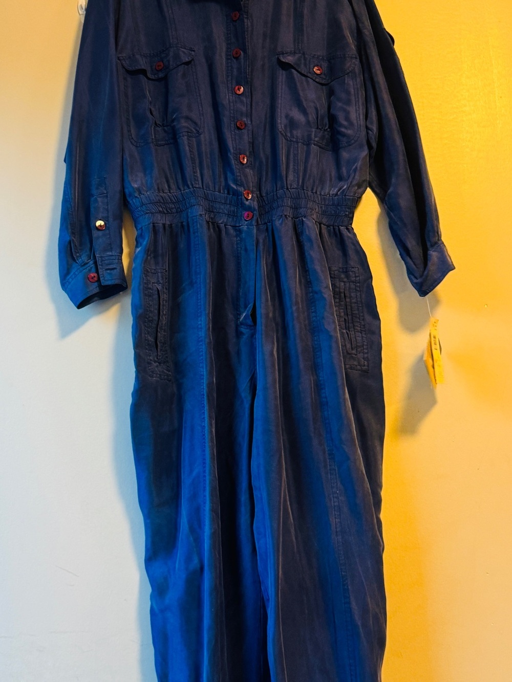100% Silk Classic Long Sleeve Jumpsuit Dress in Navy Blue - Tall Women